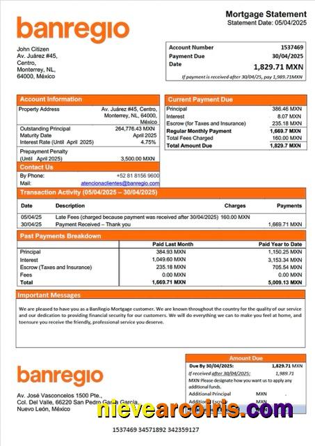Mexico BanRegio mortgage statement Word and PDF template